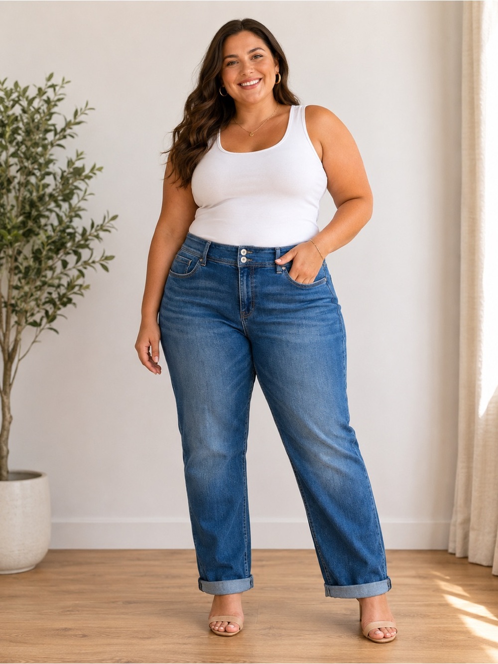 INC International Concepts Dark Blue Boyfriend Jeans with Rolled Cuffs